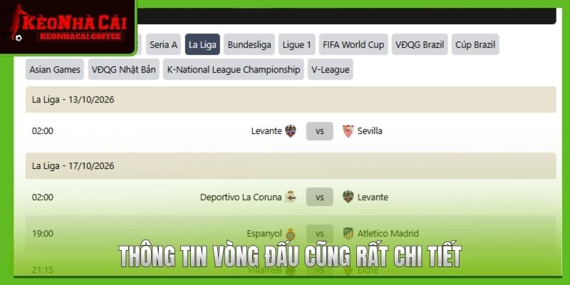 Thông tin vòng đấu cũng rất chi tiết